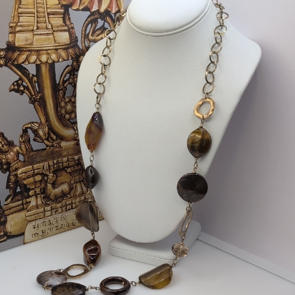 Chico's Gold and Brown Statement Necklace with Polished Stones